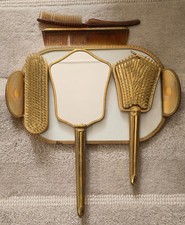 Vintage 1950s Vanity Set Mirror Brush Tray Floral Gilt Style Nylon Bristles Gold