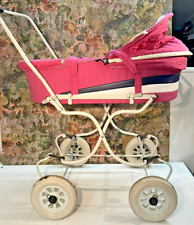 Vintage 80s Doll Large Pram White Pink Heavy Metal Frame Suspension