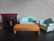 doll house blue sofa/armchair/table/corner fireplace   1.12th