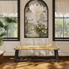 Solid Wood Rattan Bench Walnut