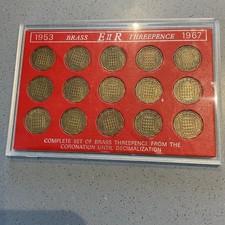 A COMPLETE SET OF BRASS THREEPENCE FROM 1953 CORONATION TO DECIMALIZATION  1967