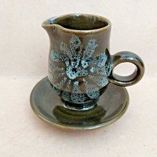 Lotus Pottery Small Fixed Under Saucer Jug Devon Green Ceramic Vintage