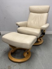Ekornes Stressless Reclining Chair and Footstool – Cream Leather & Beech Base