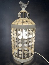 Cream Metal Table Lamp Birdcage Style with Hanging Acrylic Crystals and Bird