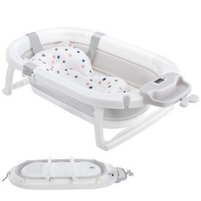 Baby Bath Tub Foldable Collapsible Toddler Bathtub with Bath Support Cushion Mat