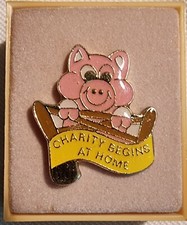 Vintage Enamel Pig Pin Badge Charity Begins at Home Global Cancer Care Boxed