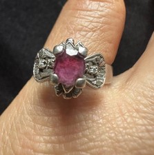 Vintage 18k Mark Ruby And 4 Small Diamonds gold on Silver?  Ring  -UK Size K/L