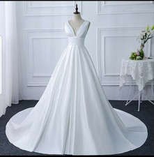 UK Vintage White/ivory Bridal Satin V Neck Corset Back Wedding Dresses Size 6-20