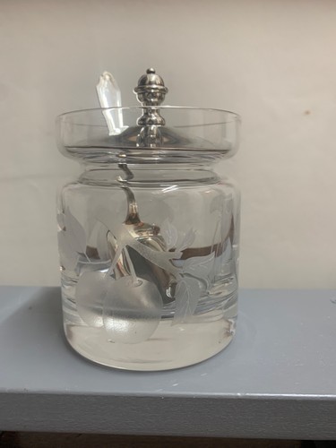 Glass jam pot and - glass, spoon