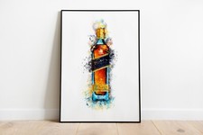 Watercolour Splash Blue Label Whisky Bottle Print A3 A2 Maxi Wall Art Decor 5156