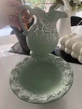 Vintage green pottery flowery jug and bowl