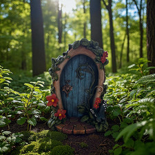 Large Blue Fairy Door With Leaves Flowers Butterfly- Pixie Woodland Decor Magic