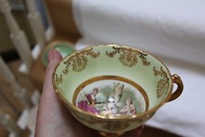 8597V  Lovely Vintage Luberne Cabinet Cups & Saucers x 2   Green & Gilt