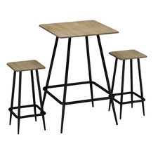 3 Pcs Square Breakfast Bar Table & 2 Stools Set Wood Metal Industrial Style Legs