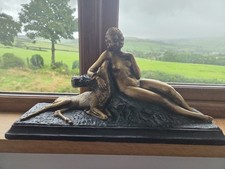 1930s Art Deco Patinated Plaster Sculpture by Bohumil Rezl – Nude with Fawn