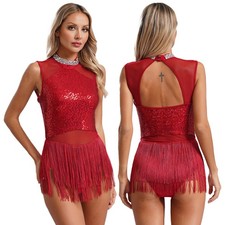 Women Latin Jazz Dance Sequin Tassel Rumba Dance Costume Fringed Leotard Dress