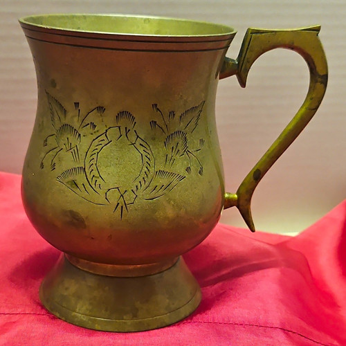 Engraved brass handled tankard - engraved,