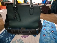 Nine West Woman's Dark Green Handbag With Fabric Strap & Handles Silver Detail