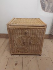 Vintage Wicker Landry Basket Toy Basket Hamper With Elephant, Nursery Decor