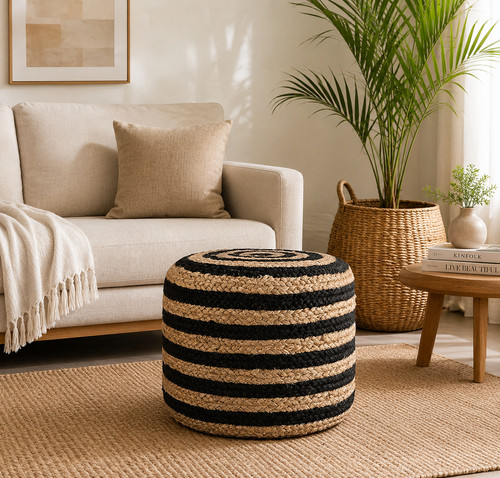 Handmade braided jute pouffe - braided,
