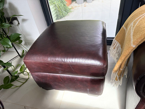Brown leather square footstool - leather,