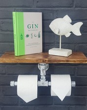 Industrial Pipe Shabby Chic Double Toilet Roll Holder + Light Oak Rustic Shelf