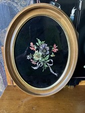 Antique Early American Folk Art Reverse Tinsel Foil Painting Pansies