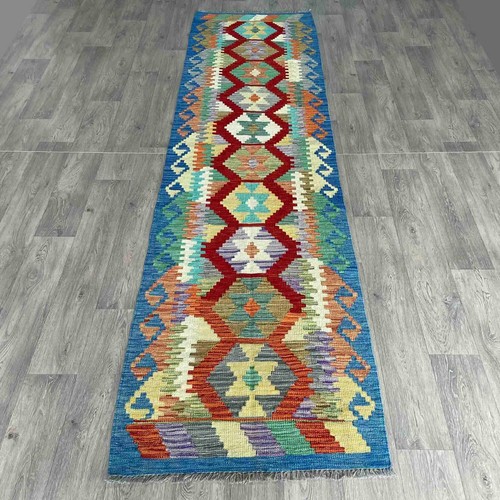 Blue afghan kilim rug hallway - afghan,