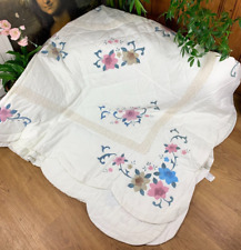 VINTAGE WHITE PINK BLUE KING SIZE FLORAL PATCHWORK BEDSPREAD PILLOW SLIP 96"x96"