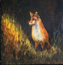 Original Acrylic Painting Red Fox Wildlife Art Moonlit Meadow