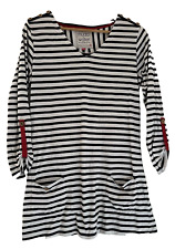 MUDD & WATER.  NAVY STRIPED NAUTICAL TUNIC TOP/TAB SLEES/POCKETS. SIZE 12