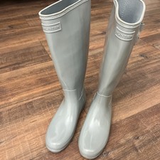 HUNTER Womens Refined Gloss Tall Wellington Boots Grey UK5 RRP £125