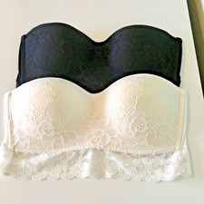 Secret Obsessions Bandeau Bras x 2 , Lace Design and Trim - White & Black - New