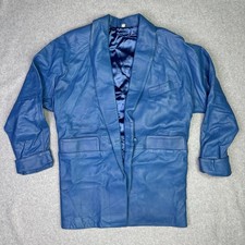 80s Vintage Blue 100% Leather Maxi Jacket Overcoat Blazer India SMALL 