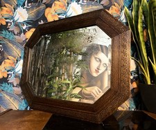 Art Deco Octagonal Oak Wall Mirror Greek Key Carved Vintage HEAVILY AGED GLASS