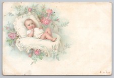 Victorian baby in lace cradle surrounded by pink roses, No. 3728