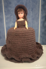Handmade Crochet Vintage Doll Toilet Roll Cover, Plum Dress