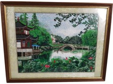 Framed Embroidered Silk Landscape Painting Chinese Pagoda Scene Fine Art