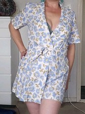 Zara jumpsuit Linen White Blue Floral Size L Belt 