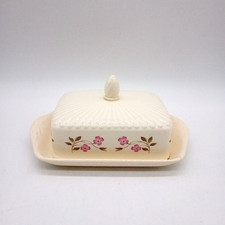 WEDGWOOD Rosalind / Edme Style Ceramic Cream Ribbed Butter Dish Pink Flowers