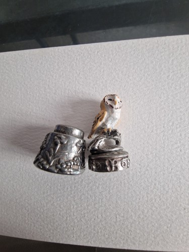 Thimble pewter painted owls - pewter,