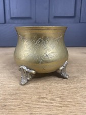 Vintage  Solid Brass cauldron Small 4 Legged Pot Engraved