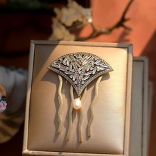 Hair Comb Art Deco Gold Fan CZ