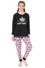 Girl's Sleep Queen Long Pyjamas 10 to 16 Years Pink Black Pj Pjs Girls w19