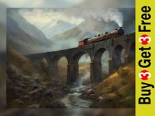 Vintage Charm: Steam Train Crossing Bridge Oil Painting Print 5"x7"