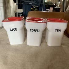 Vintage Kitchen Canisters Red Lid White Plastic Pots Retro Cool Look