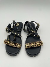 River Island Black Studded Gladiator Sandals with Leopard Print Detail Size 5