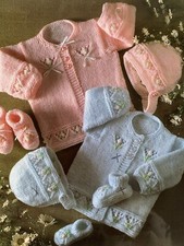 Vtg Teddy Knitting Yarns 705 DK Matinee Jacket Bonnet Hag Booties 14-20”