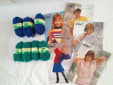 yarn 7 x50grm Daisy Green & Blue boucle texture by Emu 80s vintage + free patts