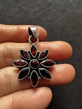 Vintage Tested Sterling Silver Garnets Flower  Pendant